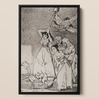 Chasing and Sweeping Bird Figures with Mens’ Heads out of a Door - Francisco De Goya Art Print / Canvas, 12x17’’ / A3 / Black Frame,