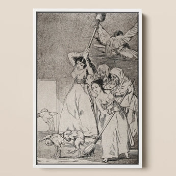 Chasing and Sweeping Bird Figures with Mens’ Heads out of a Door - Francisco De Goya Art Print / Canvas, 12x17’’ / A3 / White Frame,