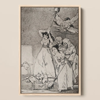 Chasing and Sweeping Bird Figures with Mens’ Heads out of a Door - Francisco De Goya Art Print / Canvas, 12x17’’ / A3 / Natural Frame,
