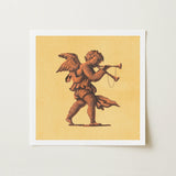 Cherub Blowing Trumpets - Neoclassical Angel Art Print / Canvas Square-framed Sepia-toned Illustration Cupid Horn Pale Yellow, Parchment