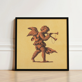 Framed Artwork Brown Winged Cherub Horn Pale Yellow Blowing Trumpets, Neoclassical Angel Art Print, Parchment Air