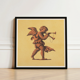Framed Artwork Bronze-toned Cherub Horn Warm Yellow Background Blowing Trumpets, Neoclassical Angel Art Print, Parchment Air