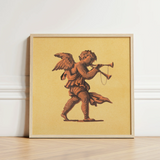 Framed Artwork Brown Winged Cherub Horn Mustard-yellow Background Blowing Trumpets, Neoclassical Angel Art Print, Parchment Air