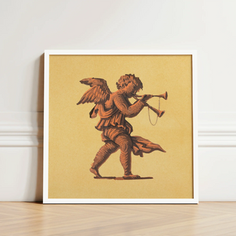Framed Artwork Brown Winged Cherub Horn Mustard-yellow Background Blowing Trumpets, Neoclassical Angel Art Print, Parchment Air