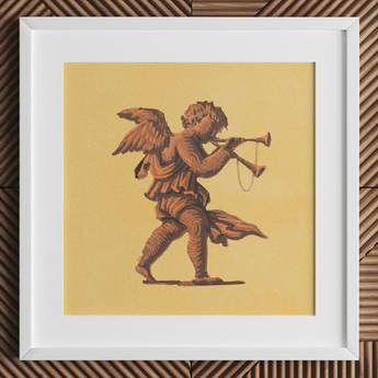 Cherub Blowing Trumpets - Neoclassical Angel Art Print / Canvas Angelic Cherub Statue Trumpet Wings Curly Hair Brownish-gold Blowing
