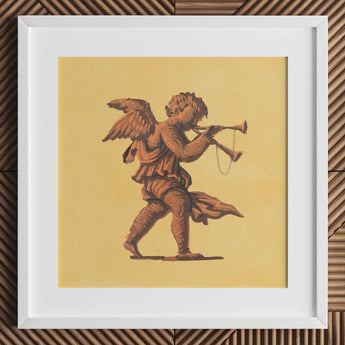 Cherub Blowing Trumpets - Neoclassical Angel Art Print / Canvas Angelic Statue Trumpet Wings Curly Hair Brownish-gold, Parchment Air Prints