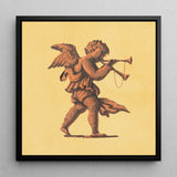 Cherub Blowing Trumpets - Neoclassical Angel Art Print / Canvas Framed Artwork Bronze-toned Cupid Horn Pale Yellow Background, Parchment