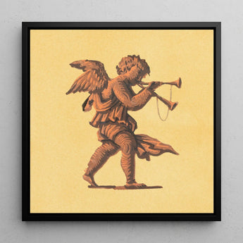 Cherub Blowing Trumpets - Neoclassical Angel Art Print / Canvas Framed Artwork Bronze-toned Cupid Horn Pale Yellow Background, Parchment