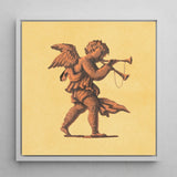Cherub Blowing Trumpets - Neoclassical Angel Art Print / Canvas Framed Artwork Brown Winged Horn Pale Yellow, Parchment Air Prints
