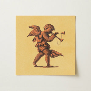 Cherub Blowing Trumpets - Neoclassical Angel Art Print / Canvas Square Beige-toned Printed Card Detailed Illustration Cupid Brown Cherub