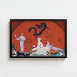 Framed Artwork Stylized Black Dragon Orange Background Figures George Barbier’s Chez, Barbier Art, Opulent Decadence