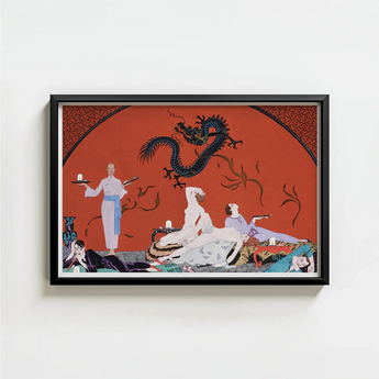 Framed Artwork Black Dragon Figures White Purple Blue George Barbier’s Chez, Barbier Art, Opulent Decadence