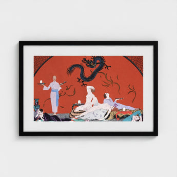 Chez La Marchande De Pavots - George Barbier 1920s Art Print / Canvas Framed Stylized Illustration Black Dragon Orange Barbier’s, Opulent