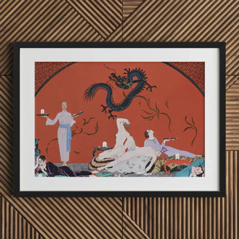 Chez La Marchande De Pavots - George Barbier 1920s Art Print / Canvas Black-framed Stylized Illustration Figures Dragon Orange Barbier’s,