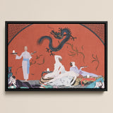 Chez La Marchande De Pavots - George Barbier 1920s Art Print / Canvas Framed Artwork Stylized Black Dragon Orange Background Figures George