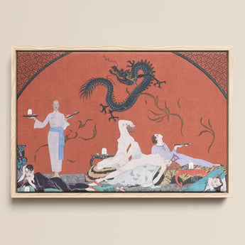 Chez La Marchande De Pavots - George Barbier 1920s Art Print / Canvas Framed Artwork Stylized Black Dragon Orange Background Figures George