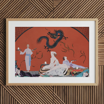 Chez La Marchande De Pavots - George Barbier 1920s Art Print / Canvas Framed Art Deco-style Print Black Dragon Orange Background George