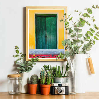 Chilli Ginger Coriander - Hoi an Photography Art Print / Canvas Framed Photograph Vibrant Green Door Yellow Wall Weathered Door, Vietnam’s
