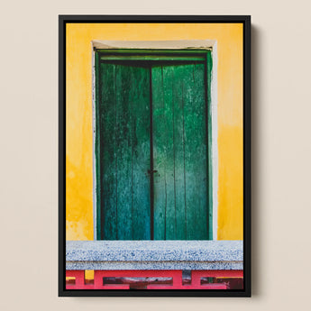 Chilli Ginger Coriander - Hoi an Photography Art Print / Canvas Framed Photograph Weathered Green Wooden Door Set Vibrant Door, Vietnam’s