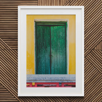 Chilli Ginger Coriander - Hoi an Photography Art Print / Canvas White-framed Vibrant Green Wooden Door Set Weathered, Vietnam’s Street,