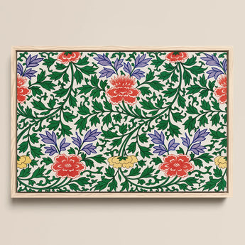 Chinese Botanical Illustration - Owen Jones Art Print / Canvas Framed Artwork Vibrant Floral Pattern Red Purple Blossoms, Lush Tapestry