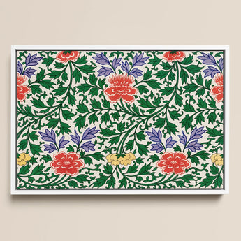 Chinese Botanical Illustration - Owen Jones Art Print / Canvas Framed Artwork Vibrant Floral Pattern Red Purple Blossoms, Lush Tapestry
