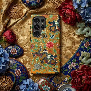 Chinese and Japanese Pattern - Auguste Racinet Phone Case Golden Phone Case Adorned Intricate Blue Dragons Floral Auguste Racinet, Japanese
