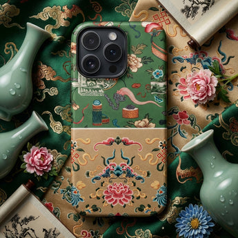 Chinoiserie Double Act - Auguste Racinet Phone Case Green Beige Ornate Phone Case Traditional Chinese Motifs Auguste Racinet Pattern,