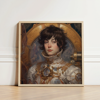 Framed Portrait Steampunk-inspired Figure Ornate Metallic Armor Gold French Lesbian Astronaut, Aesthetic, Gayest