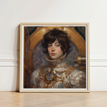 Steampunk-inspired Portrait Painting Light Wood Frame Astronaut-like Figure French Lesbian Astronaut, Aesthetic, Gayest