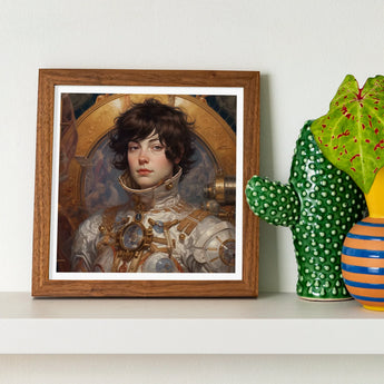 Chloe - French Lesbian Astronaut Art Print / Canvas Framed Portrait Painting Person Dark Curly Hair Ornate, Aesthetic, Gayest Prints