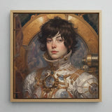Chloe - French Lesbian Astronaut Art Print / Canvas Framed Portrait Person Ornate Steampunk-inspired Armor Gold Silver, Aesthetic, Gayest