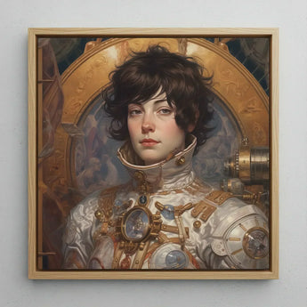 Chloe - French Lesbian Astronaut Art Print / Canvas Framed Portrait Person Ornate Steampunk-inspired Armor Gold Silver, Aesthetic, Gayest