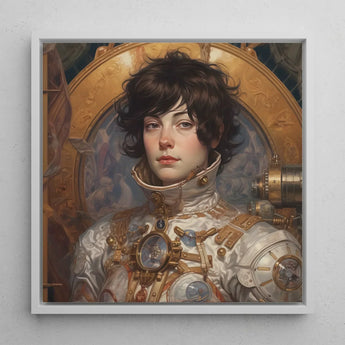 Chloe - French Lesbian Astronaut Art Print / Canvas Framed Portrait Person Ornate Steampunk-inspired Armor Gold Silver, Aesthetic, Gayest