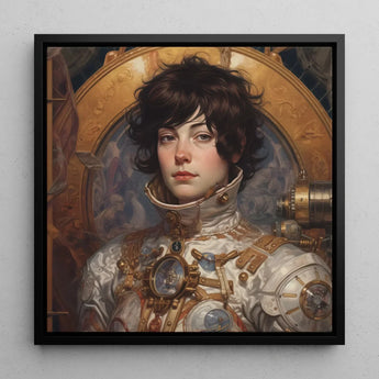 Chloe - French Lesbian Astronaut Art Print / Canvas Steampunk-inspired Portrait Painting Sleek Black Frame Individual Dark, Aesthetic,