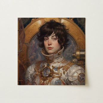 Chloe - French Lesbian Astronaut Art Print / Canvas Steampunk-inspired Portrait Painting Young Woman Ornate Metallic Armor French Lesbian