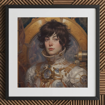 Chloe - French Lesbian Astronaut Art Print / Canvas Steampunk-inspired Silver Gold Armor Jacket Intricate French Lesbian Astronaut,