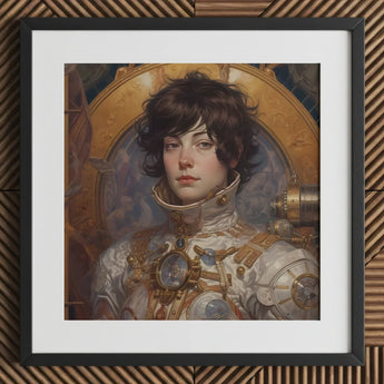 Chloe - French Lesbian Astronaut Art Print / Canvas Steampunk-inspired Silver Gold Armor Jacket Intricate, Aesthetic, Gayest Prints