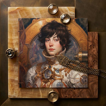 Chloe - French Lesbian Astronaut Art Print / Canvas Steampunk-style Portrait Woman Ornate Metallic Armor Intricate Gears French Lesbian
