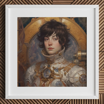 Chloe - French Lesbian Astronaut Art Print / Canvas White Framed Portrait Person Astronaut Suit Gold Accents French Lesbian Astronaut,