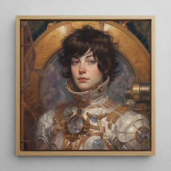 Chloé - French Lesbian Astronaut Framed Canvas, 12x12’’ / 31x31cm / Natural Floating Frame, Framed Painting Young Person Steampunk-style
