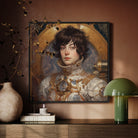 Chloé - French Lesbian Astronaut Framed Canvas, Portrait Painting Person Dark Curly Hair Ornate White