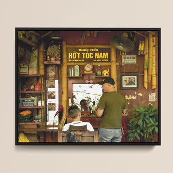 Black-framed Photograph Traditional Vietnamese Barbershop Interior Bamboo Accents Hanoi Street Photography, Chop Art, Captivating Fine
