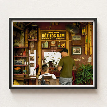 Black-framed Photograph Traditional Vietnamese Barbershop Interior Warm Wooden Hanoi Street Photography, Chop Art, Captivating Fine