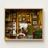 Framed Photograph Vintage Vietnamese Barbershop Interior Bamboo Accents Hanoi Street Photography, Chop Art, Captivating Fine