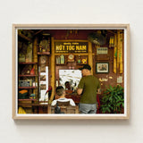 Framed Photograph Traditional Vietnamese Barbershop Bamboo Decor Vintage Hanoi Street Photography, Chop Art, Captivating Fine