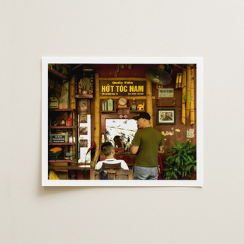 White-framed Photograph Traditional Vietnamese Barbershop Interior Wooden Shelves Hanoi Street Photography, Chop Art, Captivating Fine