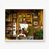 Framed Photograph Rustic Vietnamese Barbershop Interior Bamboo Pillars Hanoi Street Photography, Chop Art, Captivating Fine