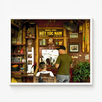 Framed Photograph Rustic Vietnamese Barbershop Interior Bamboo Pillars Hanoi Street Photography, Chop Art, Captivating Fine