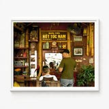White-framed Photograph Traditional Vietnamese Barbershop Interior Bamboo Decor Hanoi Street Photography, Chop Art, Captivating Fine
